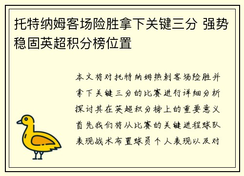 托特纳姆客场险胜拿下关键三分 强势稳固英超积分榜位置