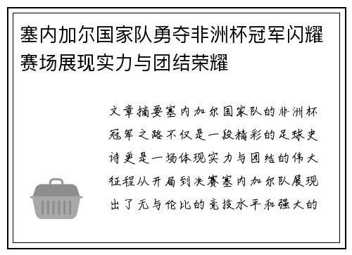 塞内加尔国家队勇夺非洲杯冠军闪耀赛场展现实力与团结荣耀