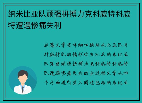 纳米比亚队顽强拼搏力克科威特科威特遭遇惨痛失利