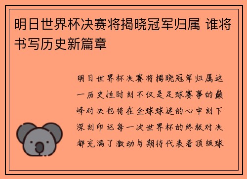 明日世界杯决赛将揭晓冠军归属 谁将书写历史新篇章