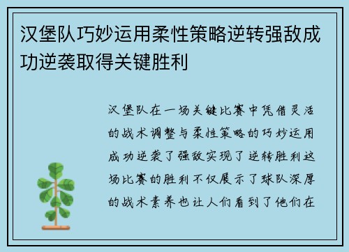 汉堡队巧妙运用柔性策略逆转强敌成功逆袭取得关键胜利