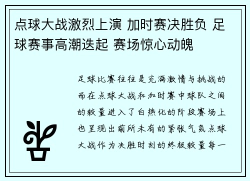 点球大战激烈上演 加时赛决胜负 足球赛事高潮迭起 赛场惊心动魄