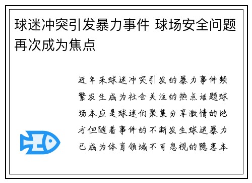 球迷冲突引发暴力事件 球场安全问题再次成为焦点