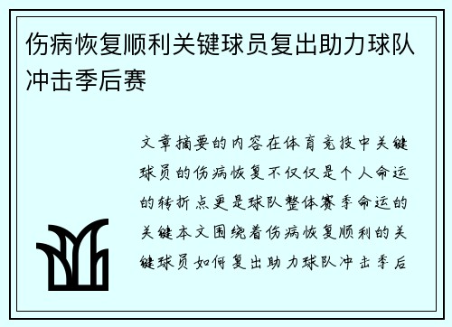 伤病恢复顺利关键球员复出助力球队冲击季后赛